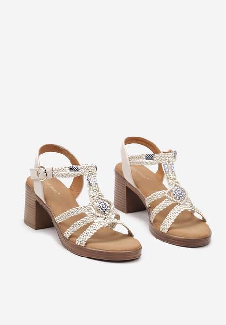 Beżowe Sandały na Obcasie Ozdobione Plecionką i Kryształkami Kylamoon
