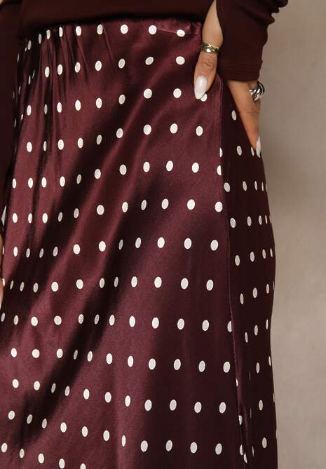 Bordowa Spódnica z Wiskozy High Waist Ozdobiona Kropkami i Koronką Monivia
