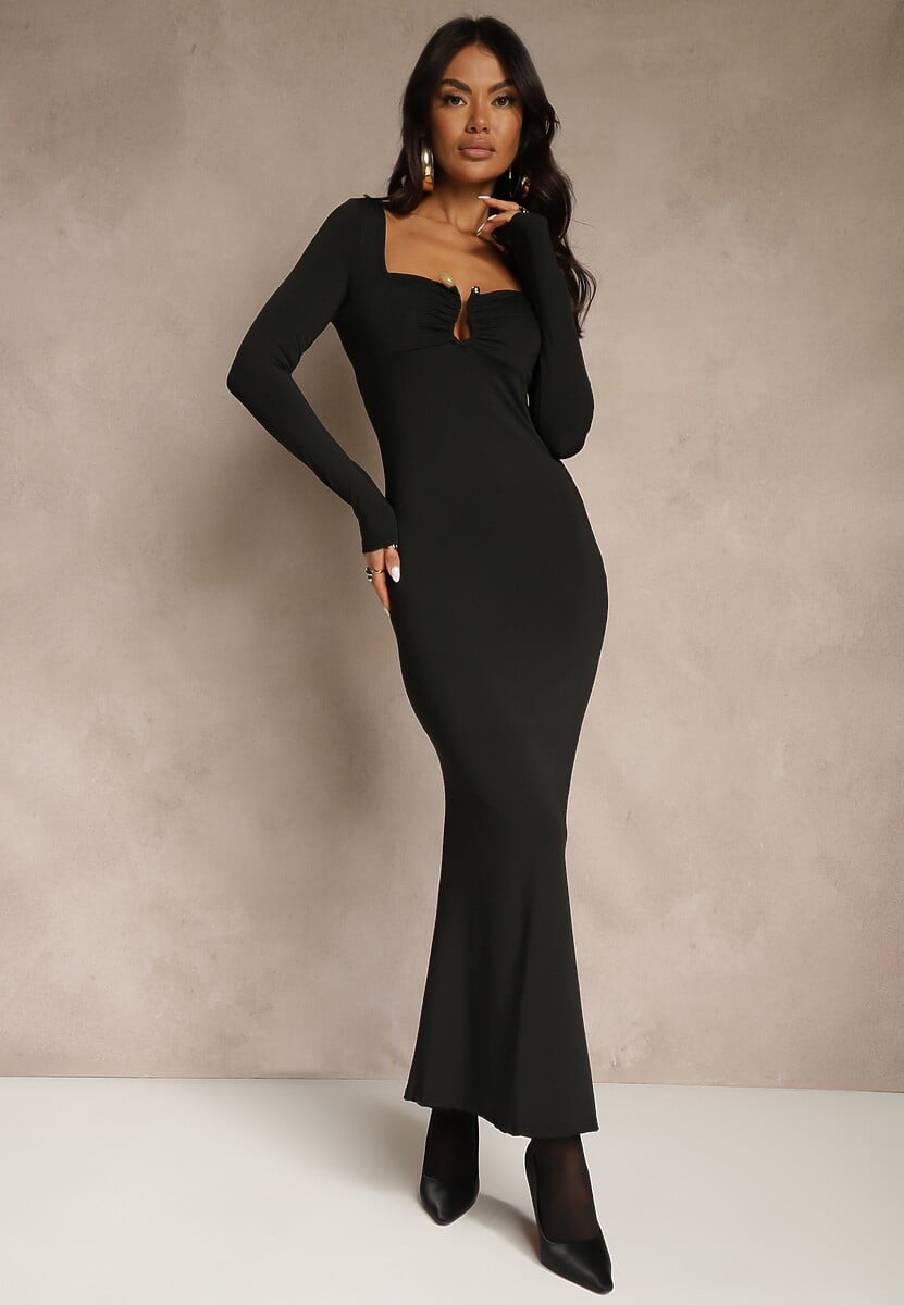 Brązowa Sukienka Koktajlowa z Wiskozą Ozdobiona Metaliczną Aplikacją Refane