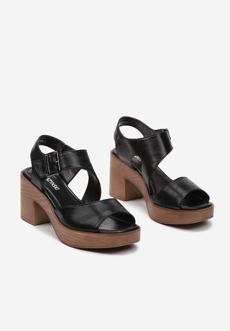 Czarne Sandały na Platformie i Słupku z Zapięciem wokół Kostki Hannneli