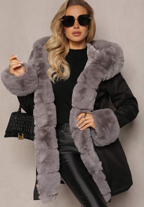 Czarno-Szara Kurtka Parka z Paskiem w Talii i Kapturem z Futerkiem Hizontia