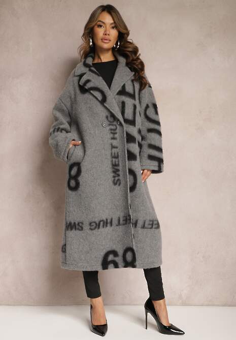 Szary Luźny Płaszcz Wełniany w Ozdobny Nadruk Misganna