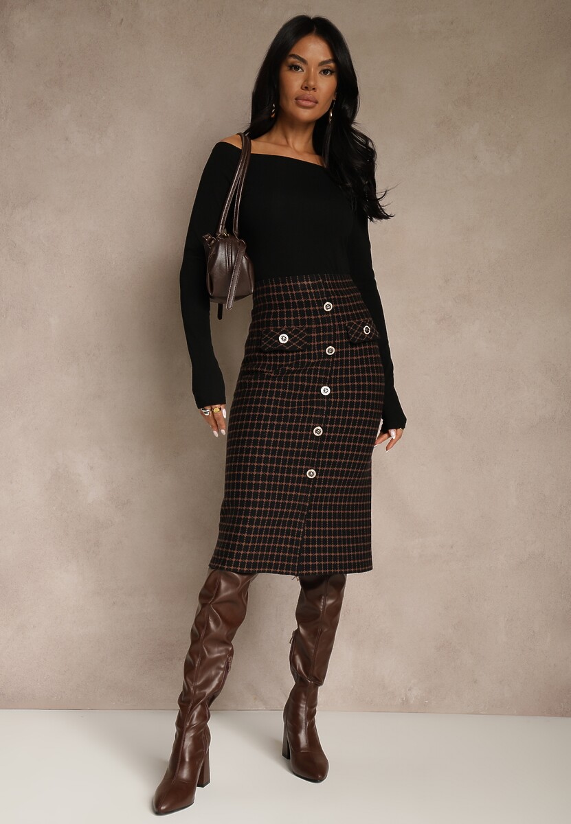 Czarno-Biała Tweedowa Spódnica Ołówkowa w Kratę z Guzikami Aretusa