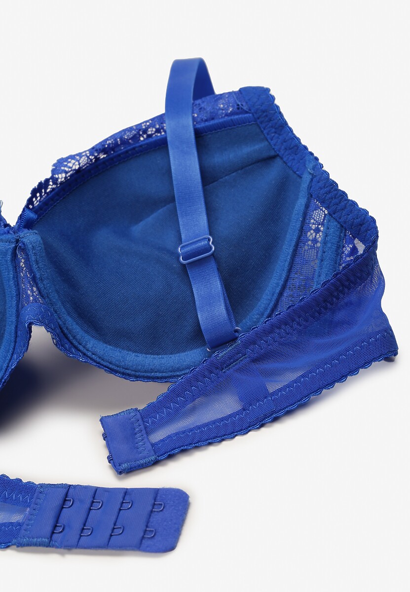 Granatowy  Biustonosz Push Up Ozdobiony Koronką i Cyrkoniami Verikellia