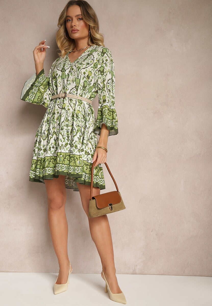Zielona Sukienka z Wiskozą o Rozkloszowanym Kroju w Etniczny Print Aledia