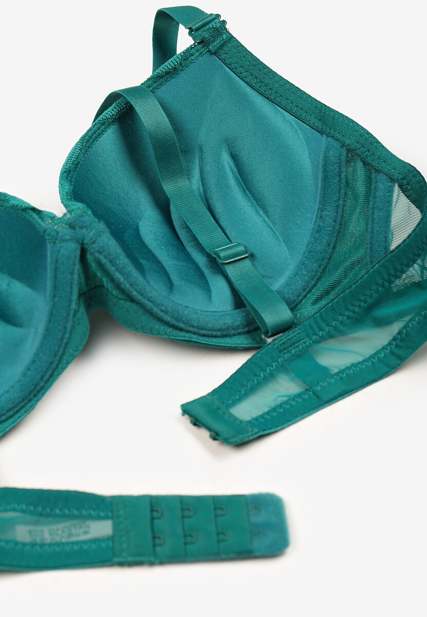 Ciemnozielony Biustonosz Push Up z Koronką i Metaliczną Ozdobą Norirae