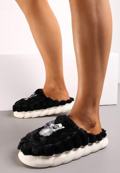 Czarne Futrzane Kapcie na Platformie z Kokardką Oivio