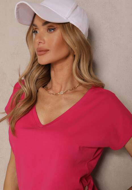 Fuksjowy T-shirt z Bawełny z Dekoltem w Serek Linithiela