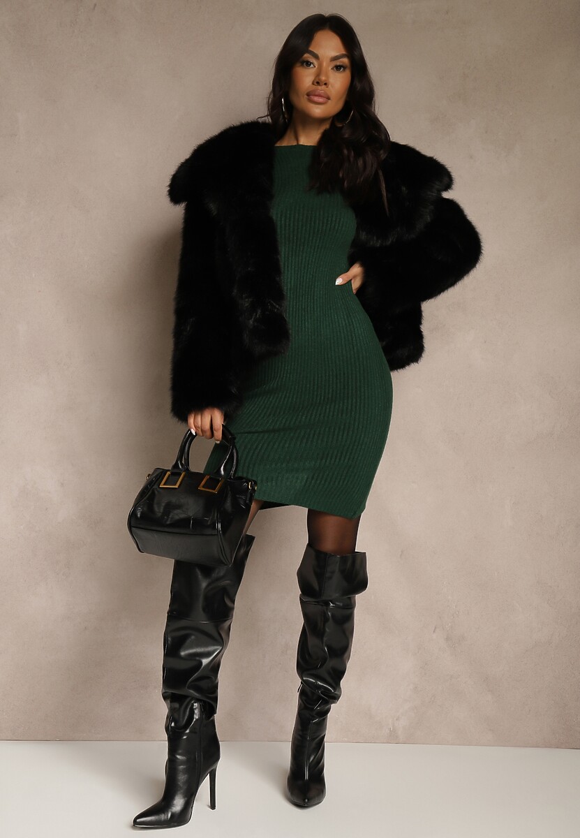 Ciemnozielona Sweterkowa Dopasowana Sukienka z Bawełną Reileta