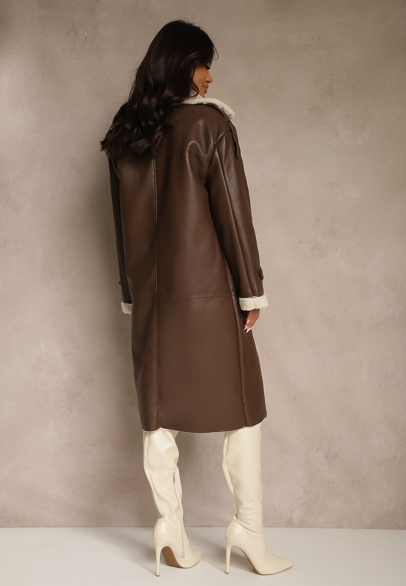 Brązowy Dwurzędowy Płaszcz Oversize z Imitacji Skóry i Futerkiem Vess