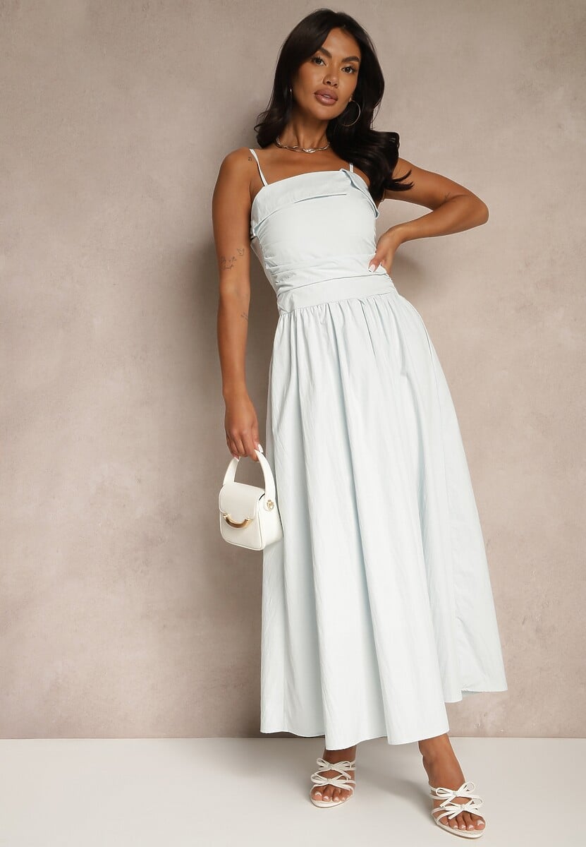 Jasnoniebieska Sukienka z Wiskozy z Bawełną Ozdobiona Zakładką Atellana