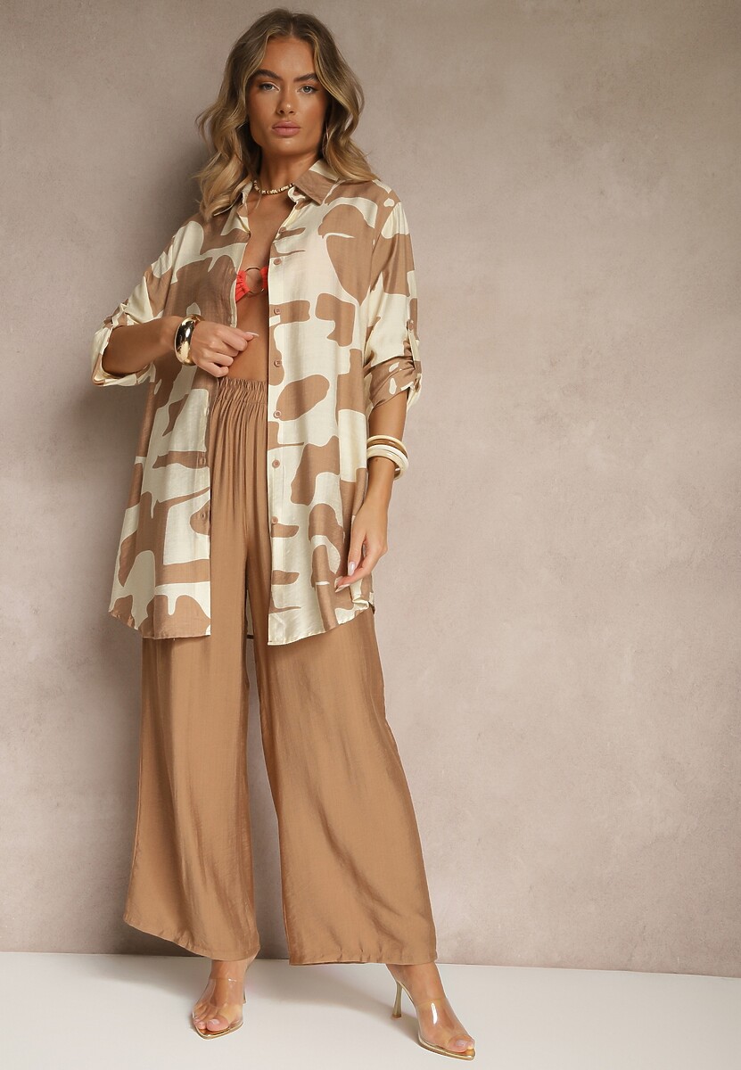 Jasnobeżowy Komplet z Wiskozą Spodnie i Koszula w Geometryczny Wzór Rinaloria