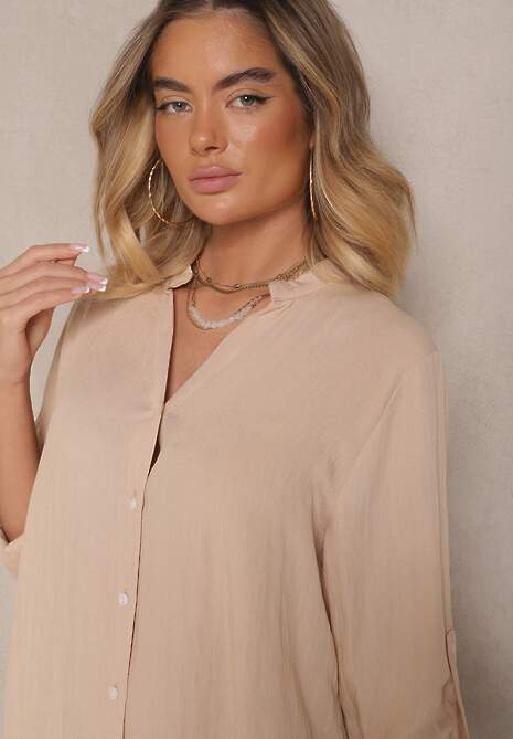 Beżowa Pudełkowa Sukienka Bawełniana Oversize z Dekoltem w Serek Elavellis