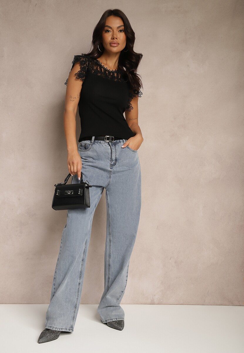 Czarna Bluzka z Bawełny Ozdobiona Koronką Desadria