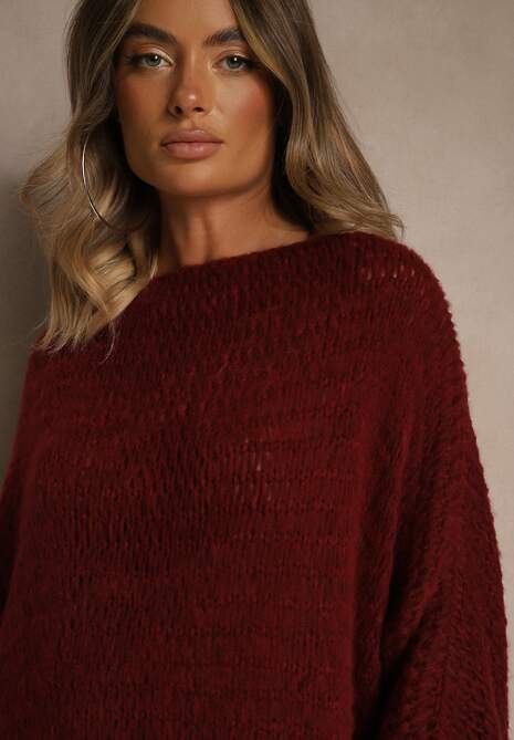 Bordowy Luźny Sweter Dzianinowy w Stylu Ponczo Nattava