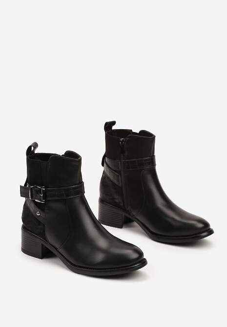Czarne Botki na Słupku z Klamrą i Paskiem Epatina