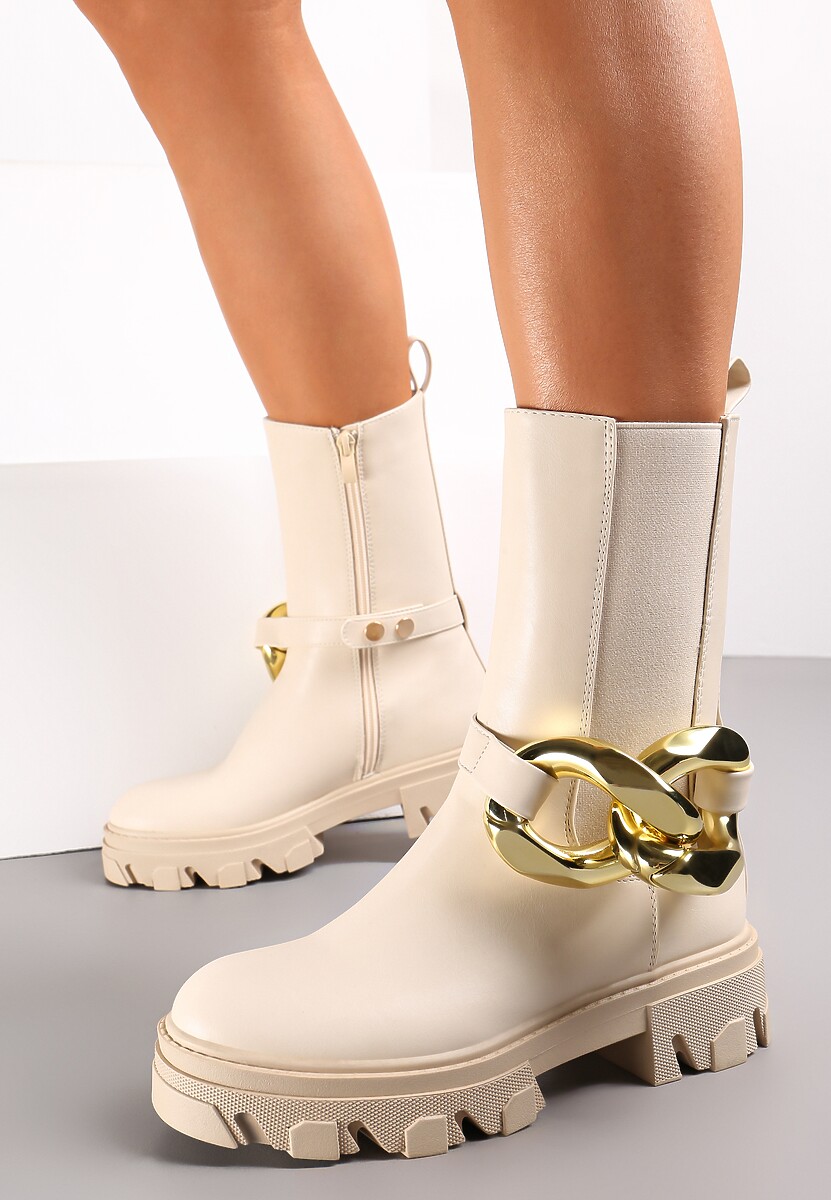 Beżowe Botki Sztyblety w Stylu Chunky z Łańcuchem Retrona