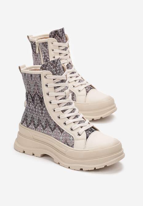 Beżowe Sznurowane Botki Ozdobnie Wyszywane na Płaskiej Podeszwie z Protektorem Faraine