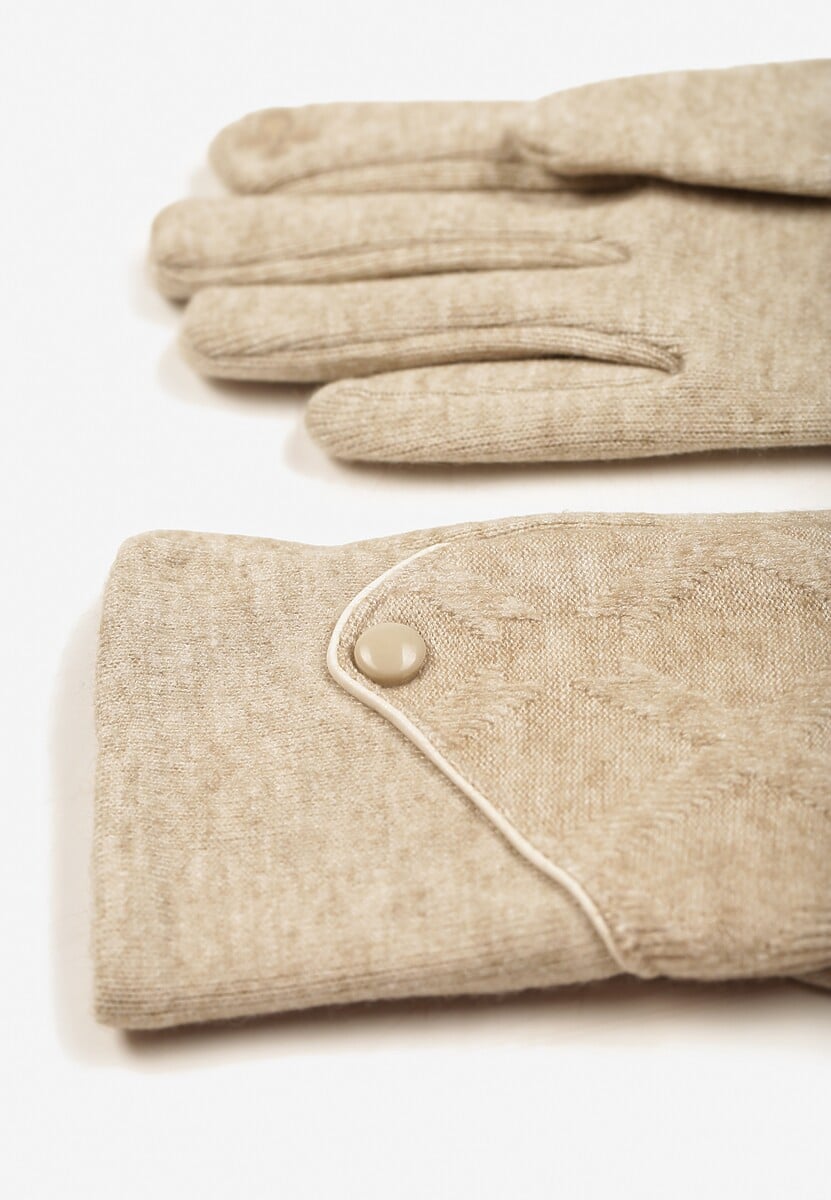 Beżowe Dzianinowe Rękawiczki Eleganckie z Ozdobnym Guzikiem Senindra