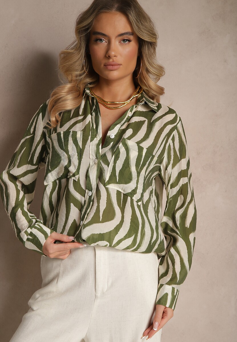 Zielona Transparentna Koszula z Wiskozy o Klasycznym Kroju w Print Zebra Covianne