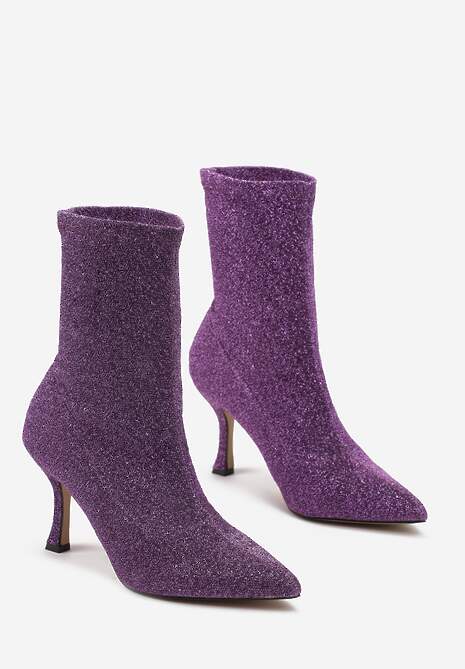 Fioletowe Skarpetkowe Botki na Szpilce z Elastycznego Materiału z Brokatowym Połyskiem Sulcia