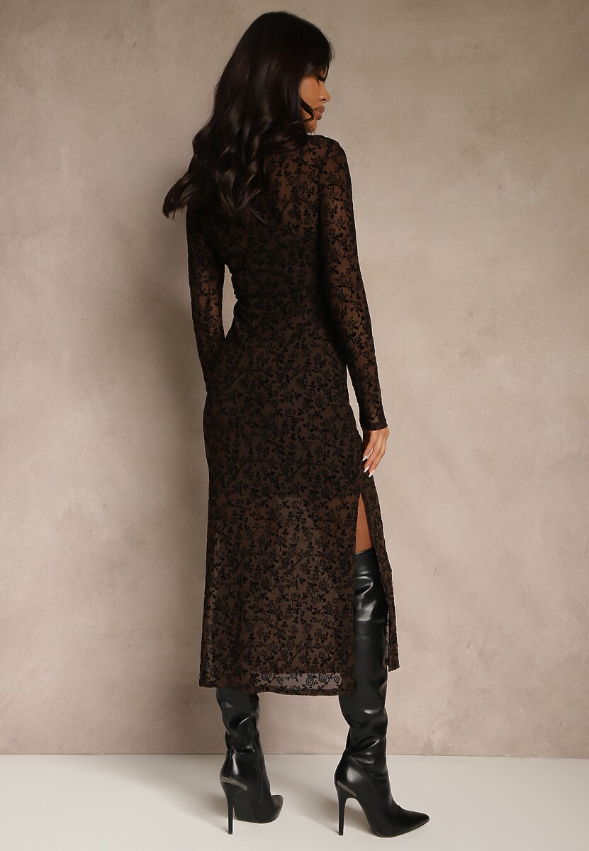 Brązowa Koktajlowa Sukienka z Wiskozą w Welurowe Kwiaty Amette