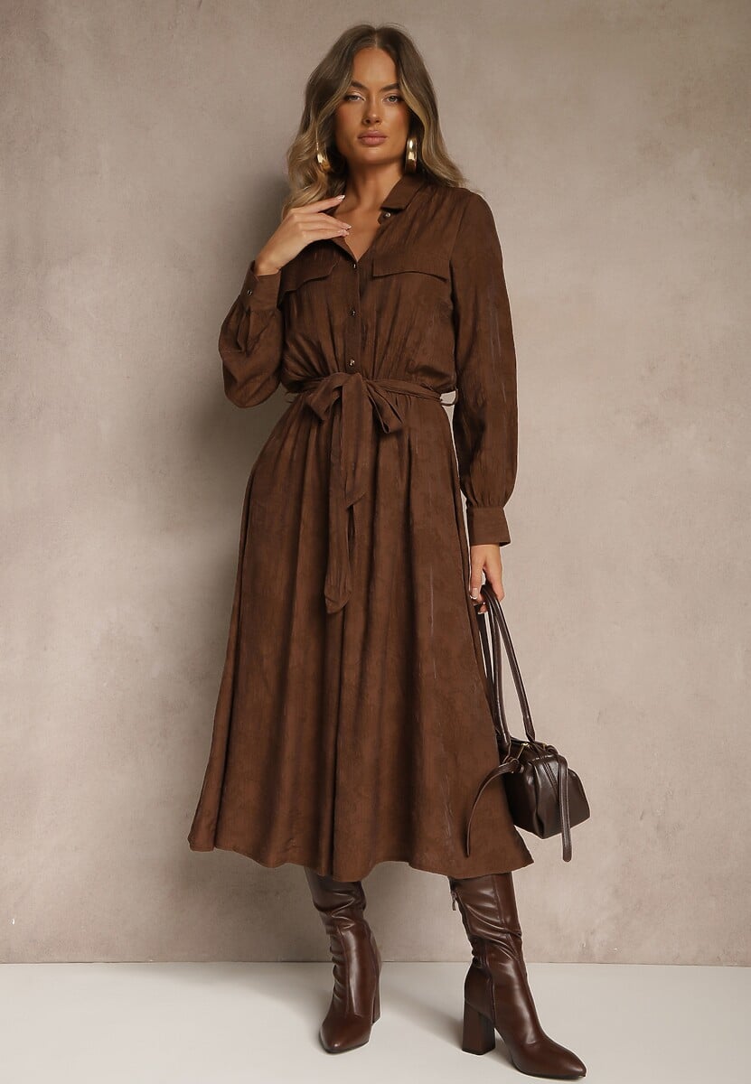 Brązowa Koszulowa Sukienka z Wiskozy o Rozkloszowanym Fasonie z Wiązaniem Isozera
