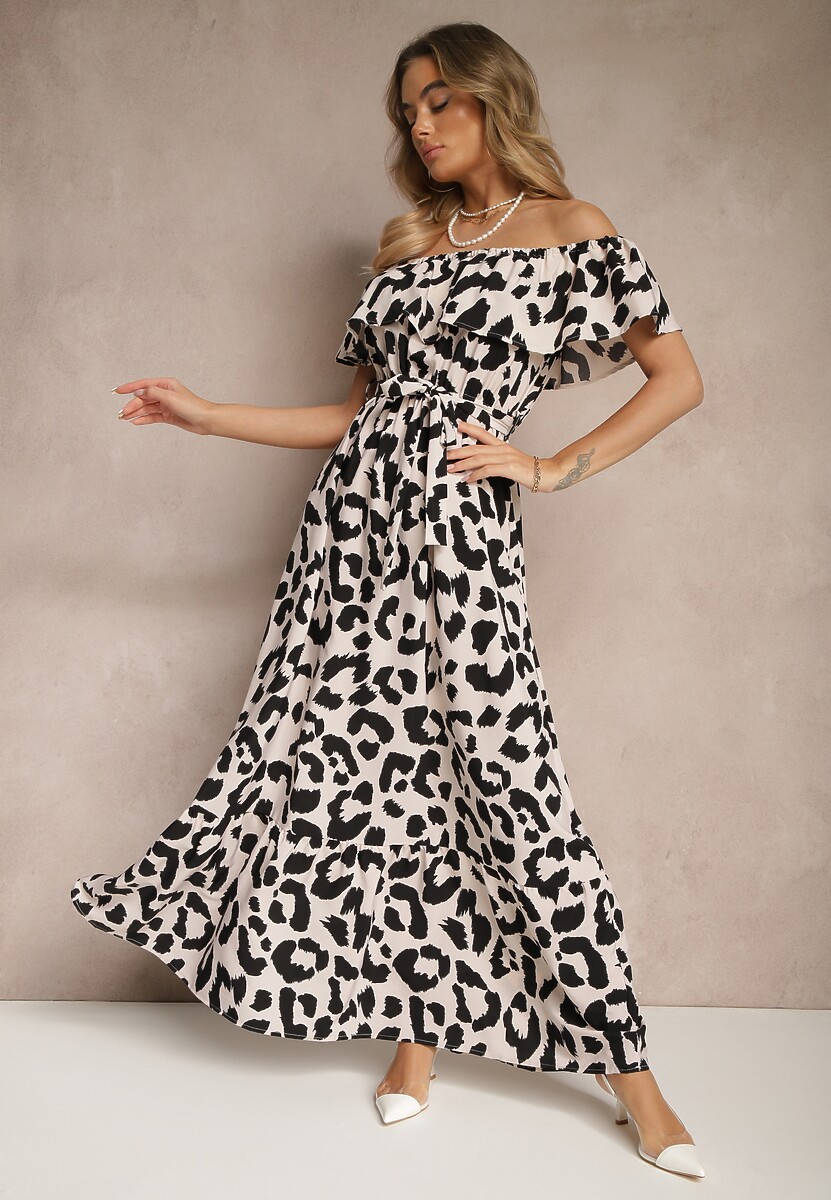 Jasnobeżowa Sukienka Hiszpanka w Panterkę o Rozkloszowanym Kroju z Paskiem Calirne