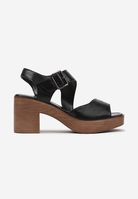 Czarne Sandały na Platformie i Słupku z Zapięciem wokół Kostki Hannneli