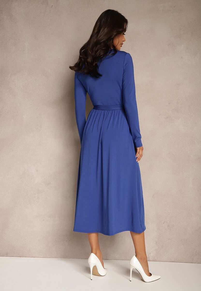 Niebieska Taliowana Sukienka z Paskiem z Domieszką Wiskozy Hrestalia