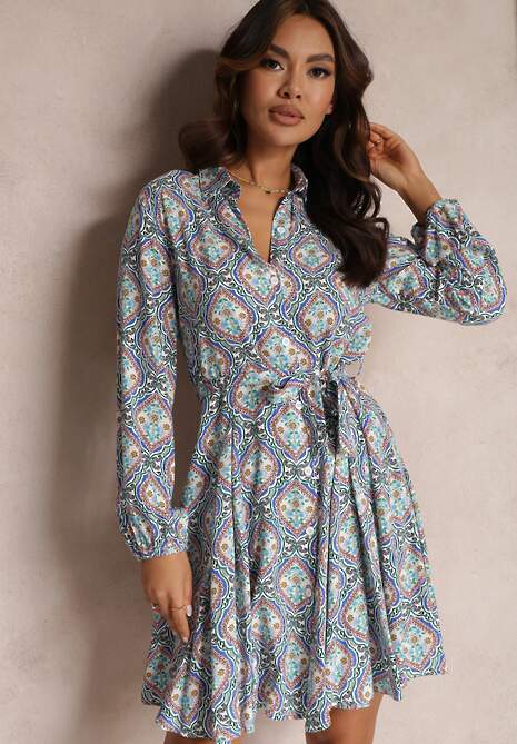 Niebiesko-Biała Wiskozowa Sukienka z Wiązanym Paskiem Didimes