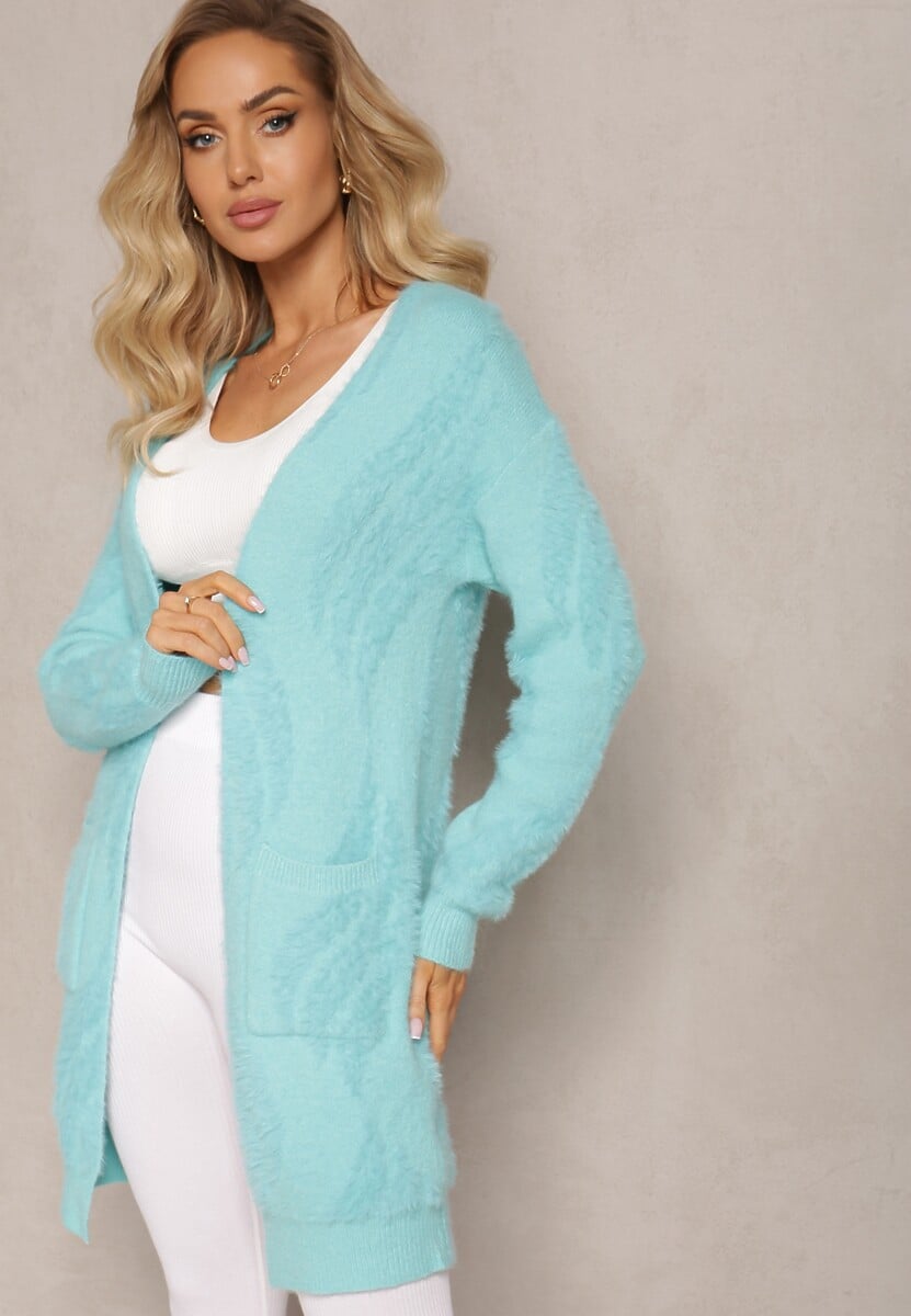 Miętowy Luźny Kardigan Niezapinany z Dłuższym Włosiem Karsta