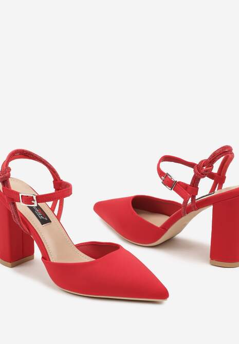 Czerwone Sandały na Słupkowym Obcasie ze Szpiczastym Noskiem i Paskiem z Cyrkoniami Ennalith
