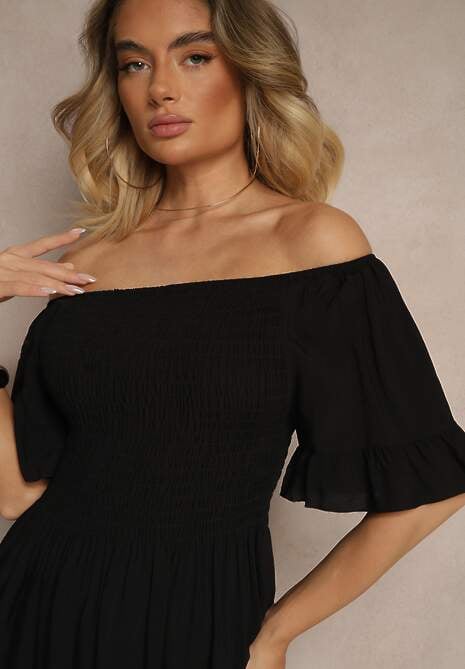 Czarna Rozkloszowana Sukienka Hiszpanka z Bawełny z Elastyczną Górą Maissa