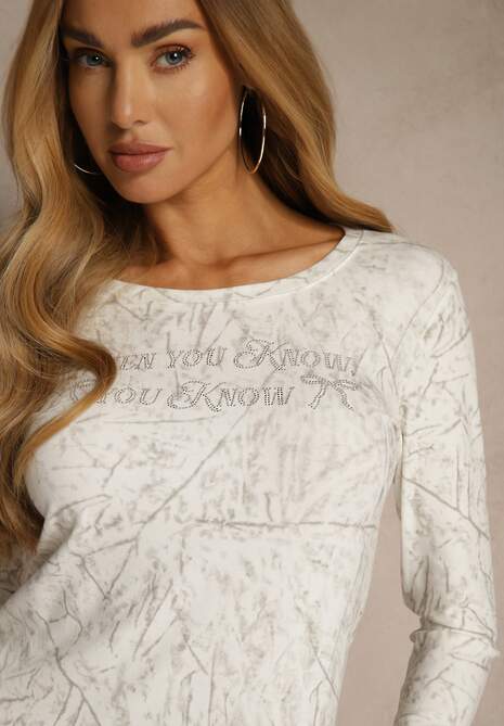 Biała Bluzka Longsleeve Ozdobiona Geometrycznym Motywem Uninessa