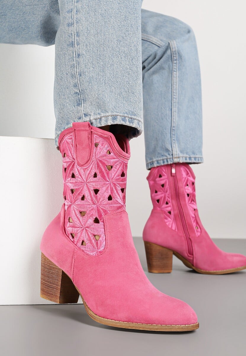 Ciemnobeżowe Botki Kowbojki Vices na Słupku z Geometrycznym Motywem Sarori