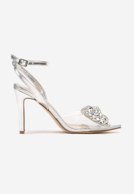 Srebrne Sandały na Obcasie z Przezroczystym Noskiem z Cyrkoniową Kokardą Azilda