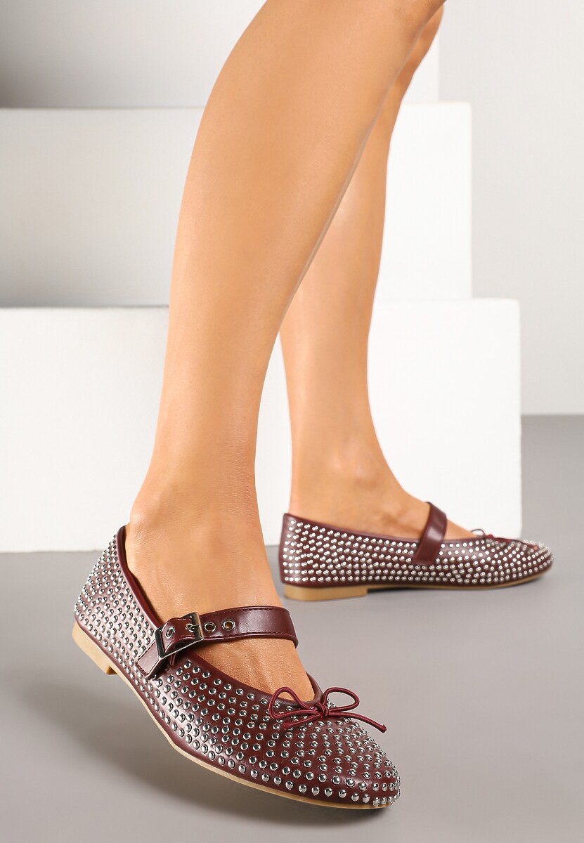 Bordowe Balerinki Mary Jane Ozdobione Kokardą i Cyrkoniami Lurisellia