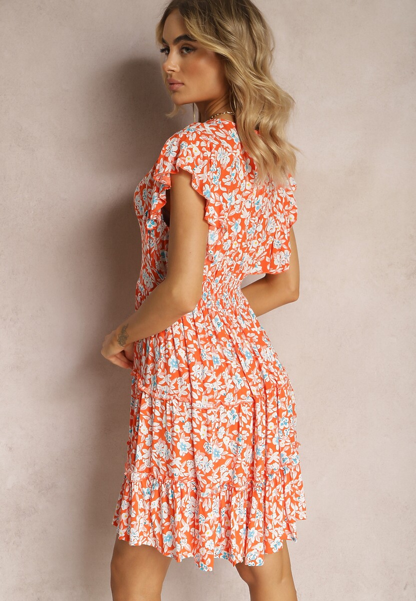 Pomarańczowa Sukienka w Kwiaty z Falbankami i Kopertowym Dekoltem z Wiskozy Cilgara