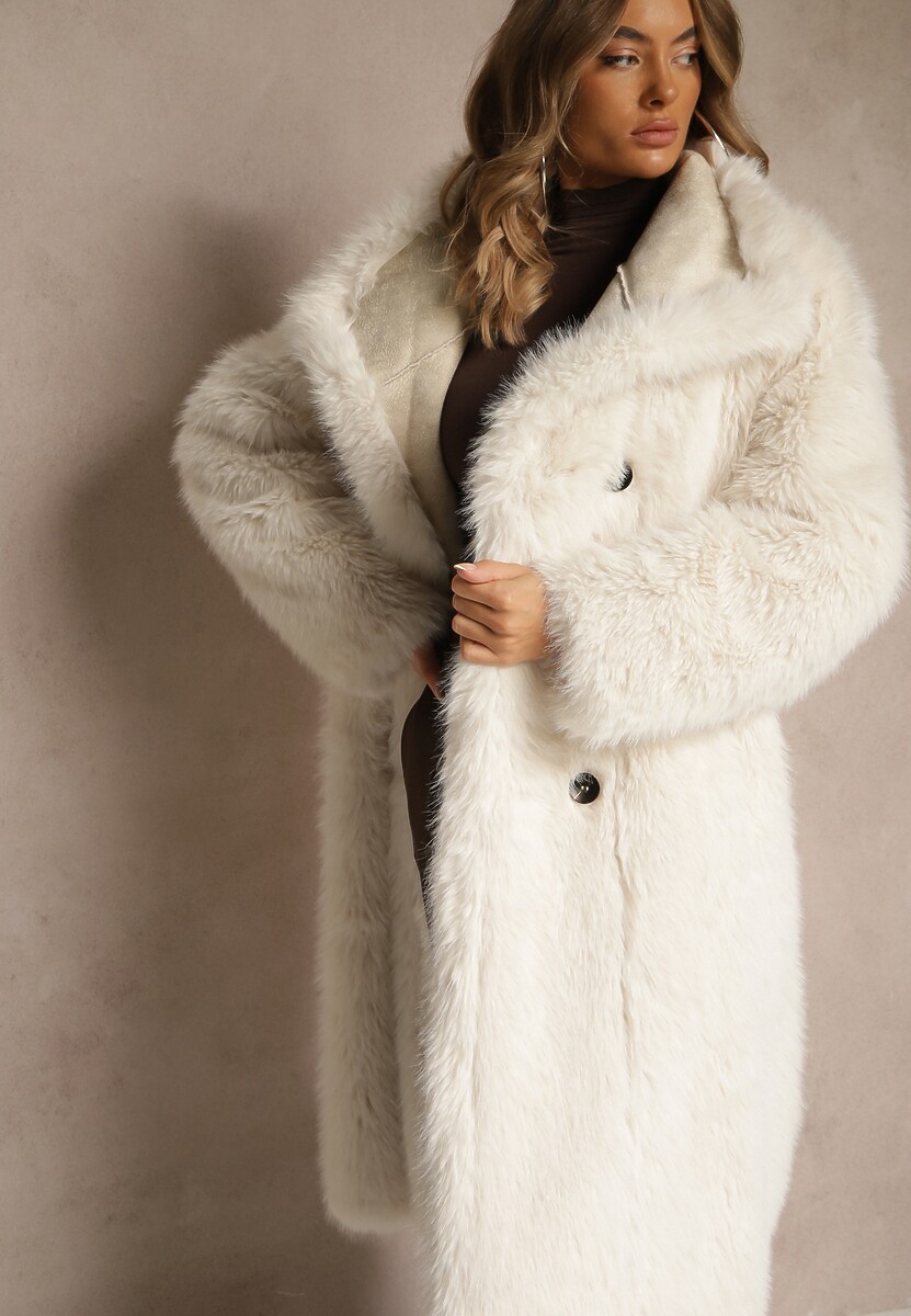 Beżowy Dwurzędowy Płaszcz Futerko o Dwustronnym Kroju z Kołnierzem Nalaneva