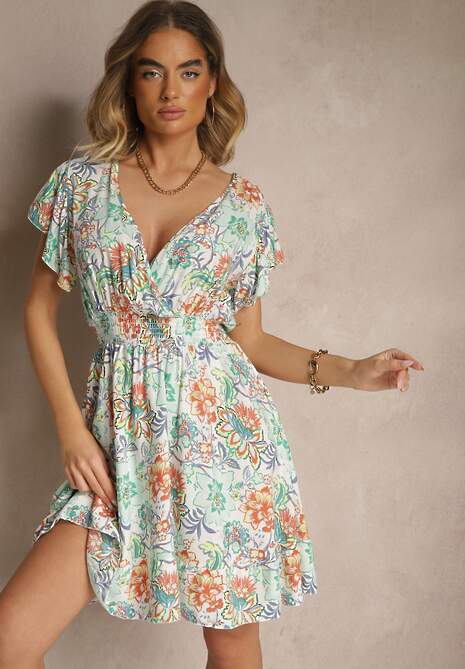 Jasnozielona Kwiatowa Kopertowa Sukienka z Bawełny Ulosiana