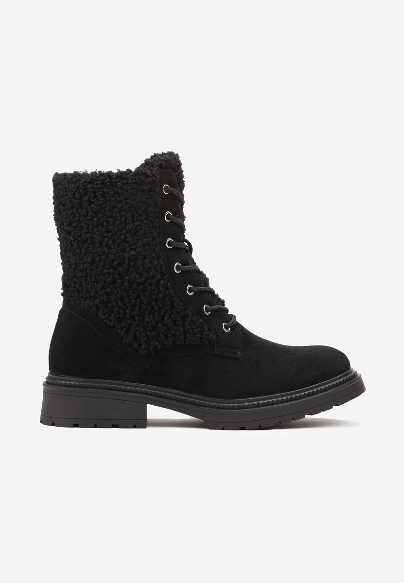 Czarne Botki Workery z Ozdobnym Futerkiem Sinuas