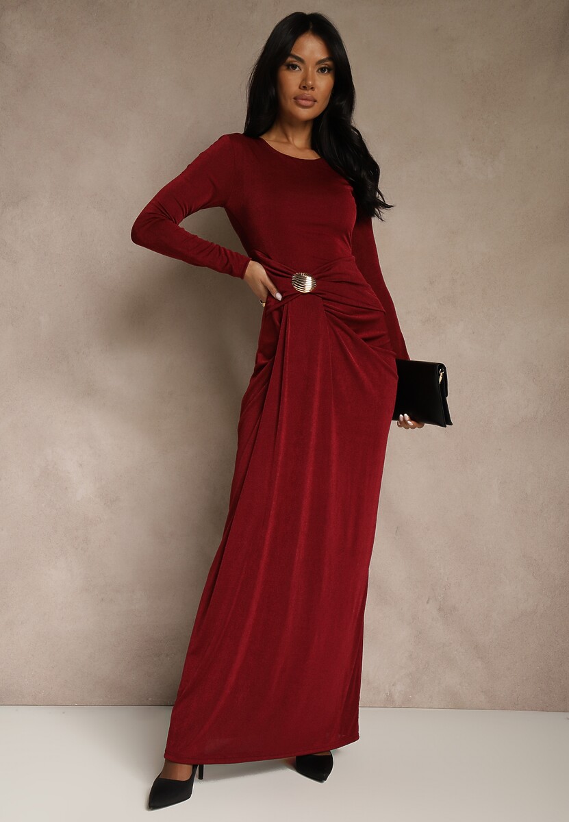 Bordowa Marszczona Sukienka Koktajlowa Zdobiona Aplikacją w Talii Siweda