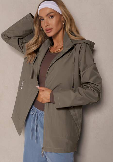 Jasnobrązowa Kurtka w Stylu Wiatrówki z Odpinanym Kapturem Ndivena