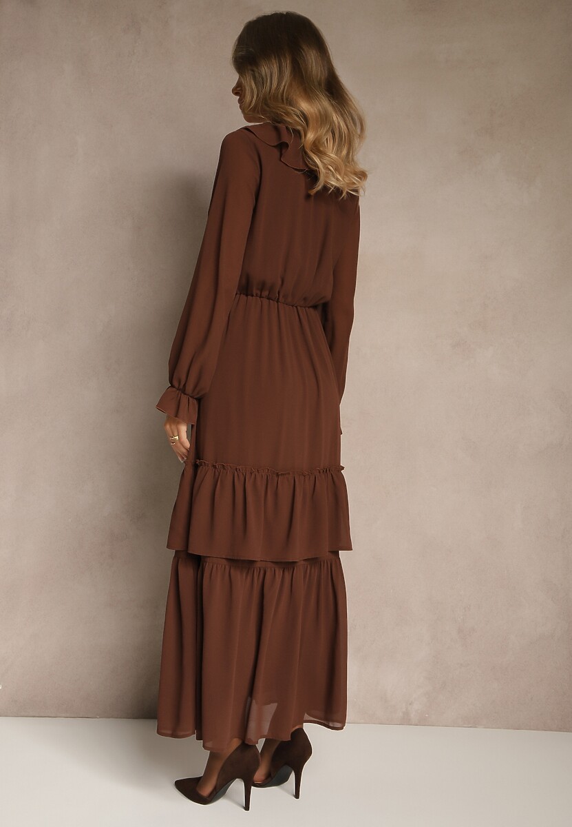 Brązowa Rozkloszowana Sukienka VICES z Falbanami i Transparentnymi Rękawami Aruvite