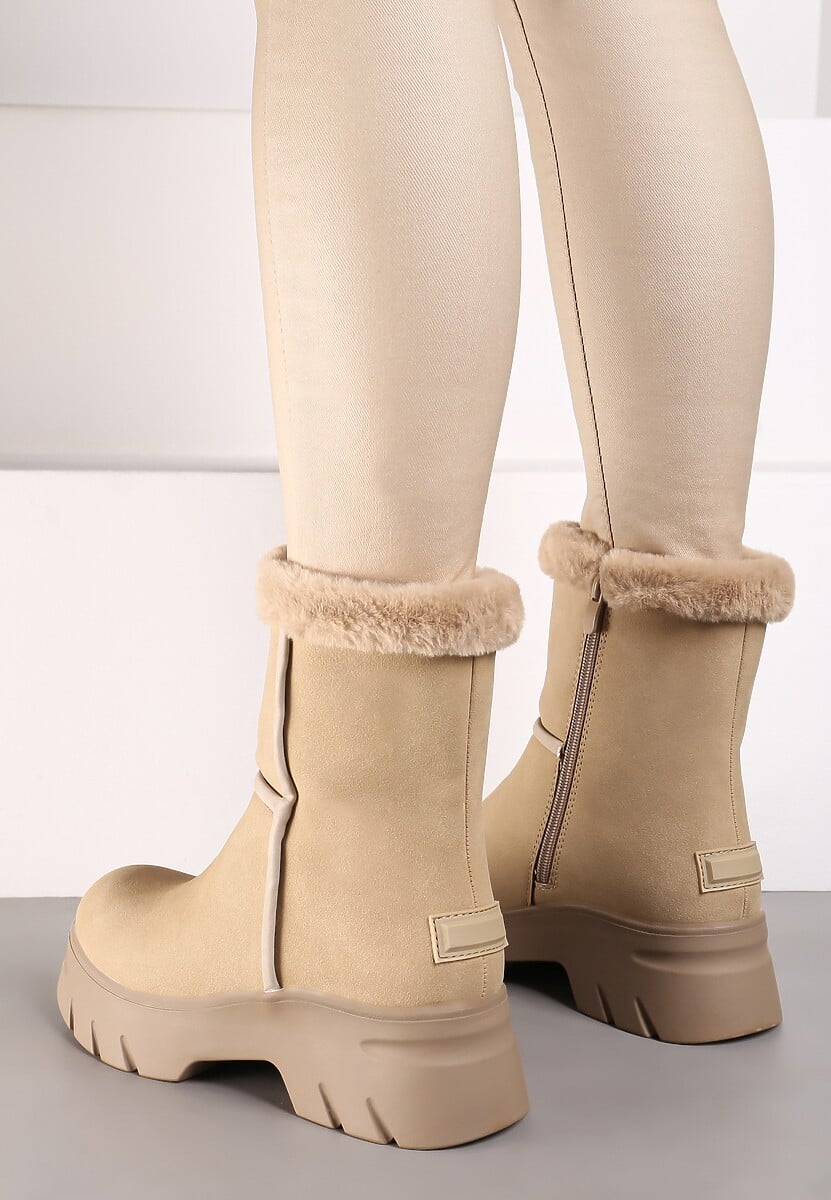 Beżowe Śniegowce na Niskiej Platformie z Ozdobnym Futerkiem Revianna