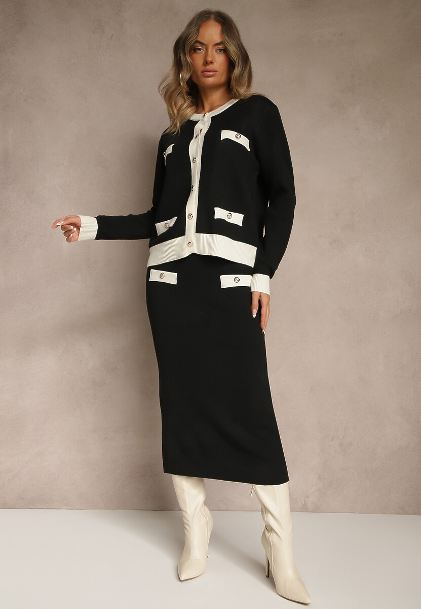 Czarno-Biały Sweterkowy Komplet z Dzianiny z Bawełną Kardigan i Spódnica Derrive