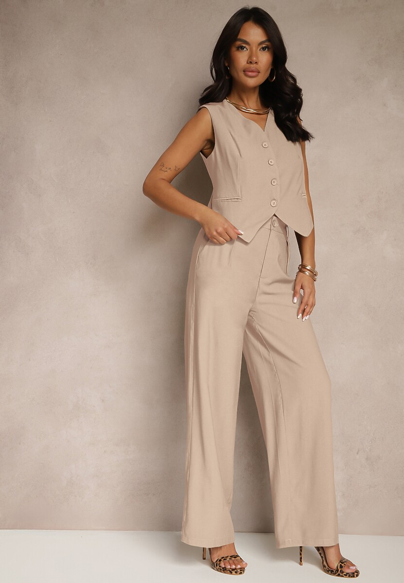 Zielony Wiskozowy Komplet o Garniturowym Kroju Kamizelka i Spodnie Soreya