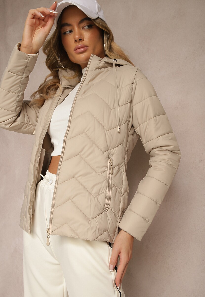 Biała Kurtka Przejściowa z Pikowaniem i Odpinanym Kapturem Leopia