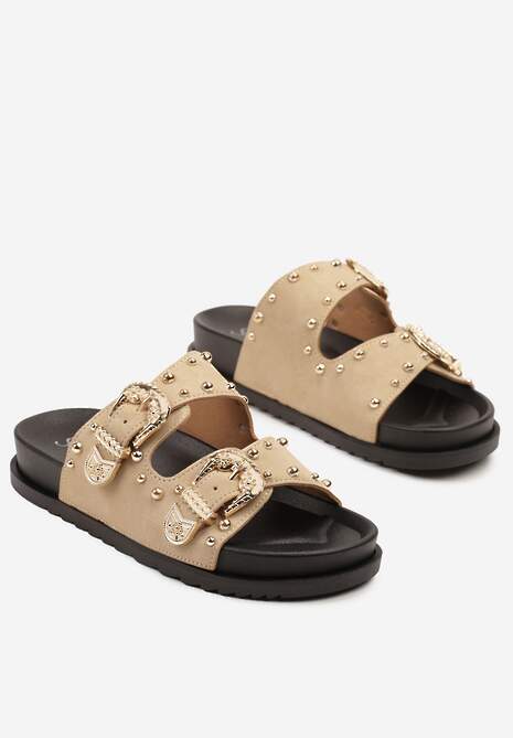 Beżowe Klapki z Ozdobnymi Sprzączkami i Nitami Ulkio